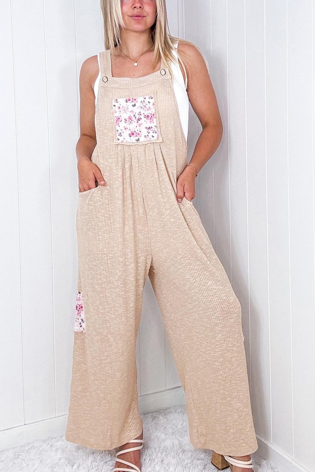 Floral Patchwork Ribbed Wide Leg Jumpsuit