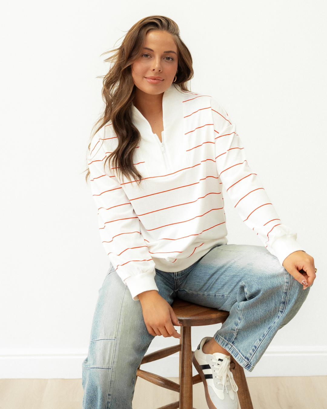 Madison Striped Zipper V-Neck Drop Sleeve Top - Red Indie & Co.