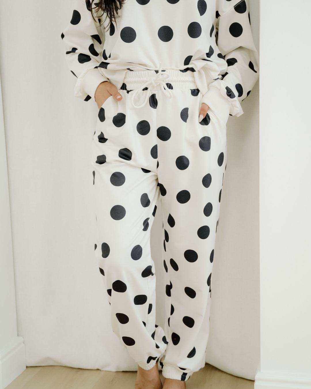 Polka Dot Print Drop Shoulder Pullover Drawstring Jogger Pant Set - Beige Indie & Co.
