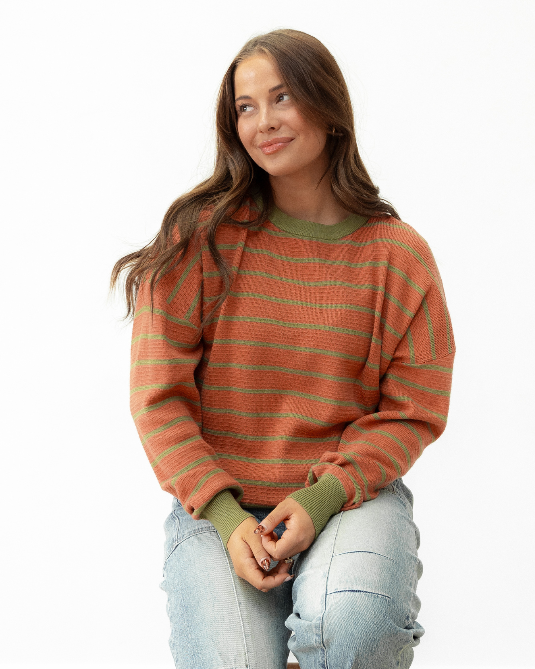 Zya Stripe Round Neck Drop Shoulder Loose Sweater - Brown Indie & Co.