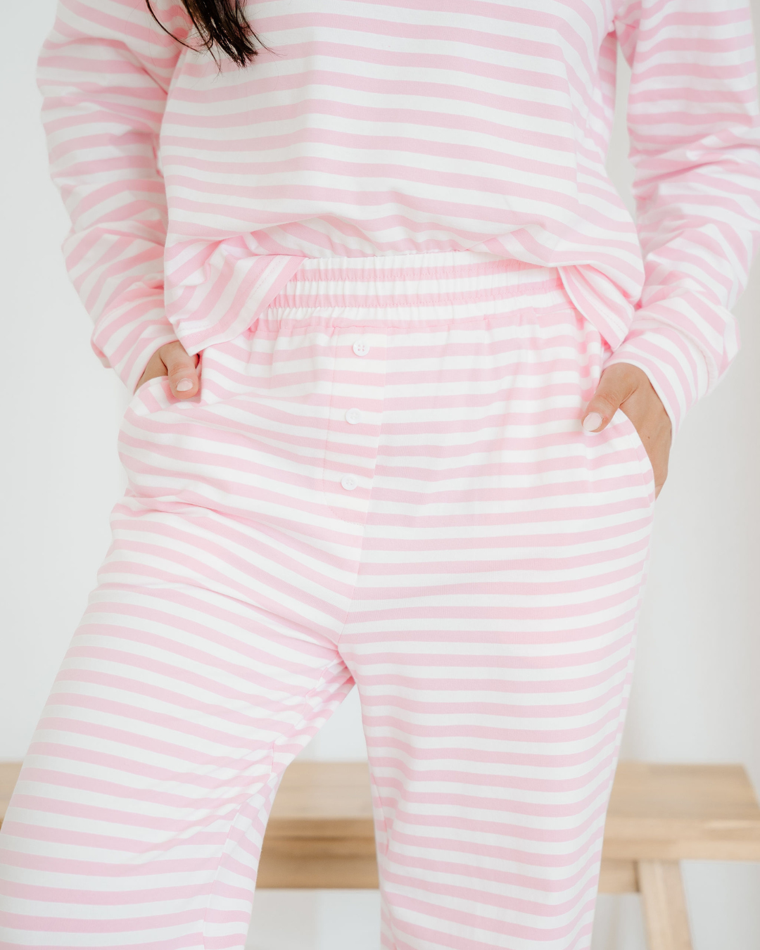 Thea Stripe Drop Shoulder Round Neck Top and Buttoned Straight Pants Two Piece Set Indie & Co.