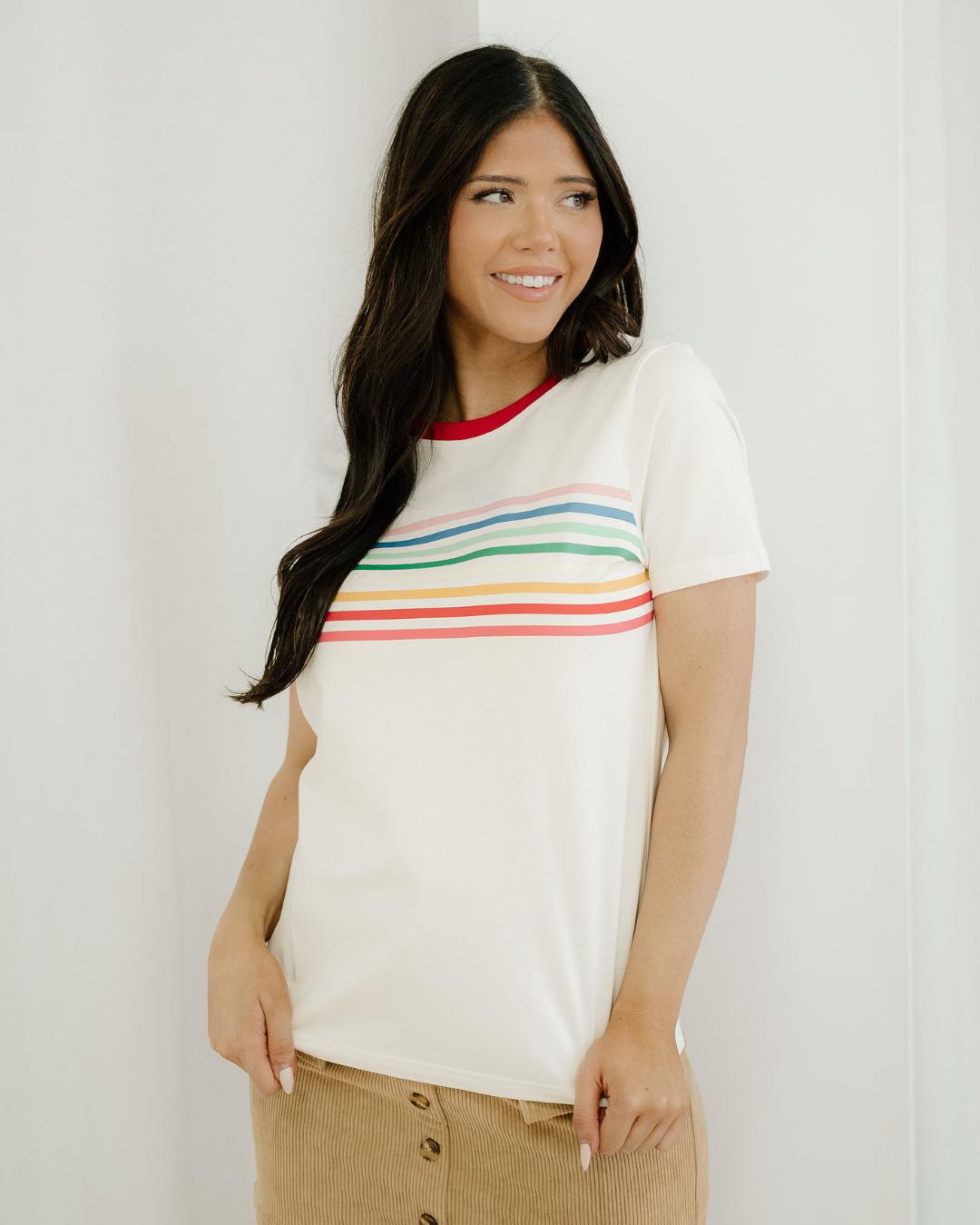 Melanie Rainbow Stripe Print Crewneck T Shirt Indie & Co.