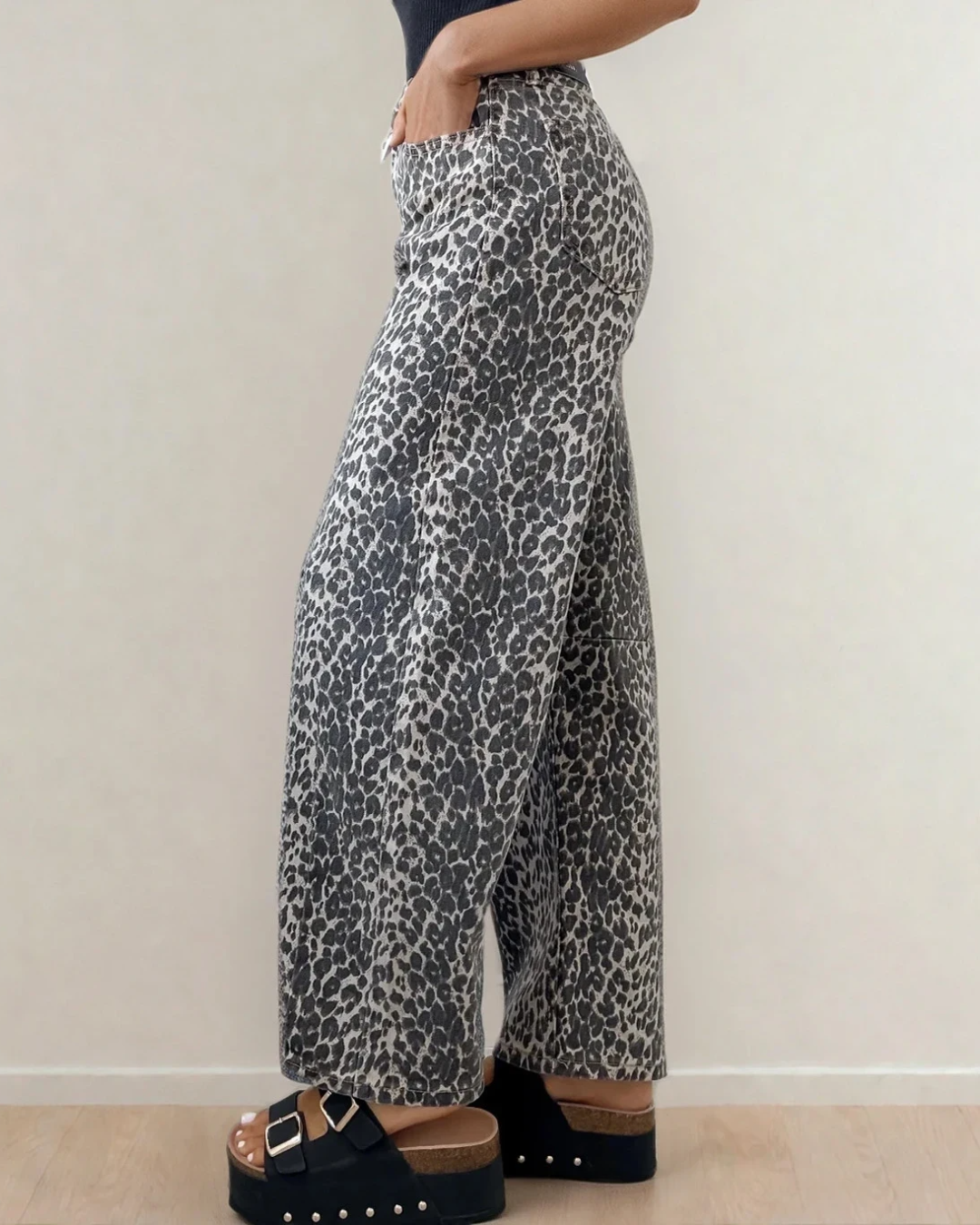 Naeve Leopard Print High Waist Barrel Jeans Indie & Co.