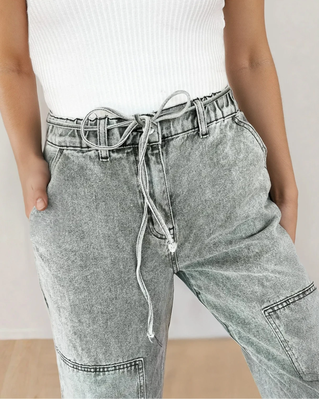 Shiloh Acid Wash Barrel Fit Denim Pants with Waist String - Gray Indie & Co.