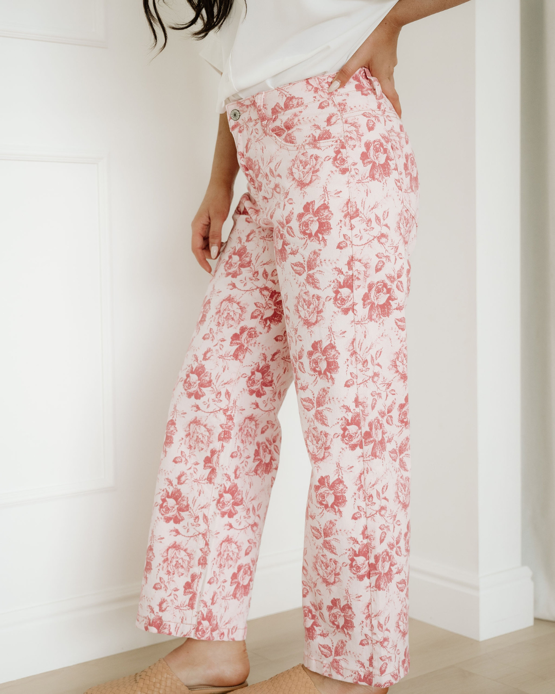 Pink Vintage Floral Print Denim Shift Pants Indie & Co.