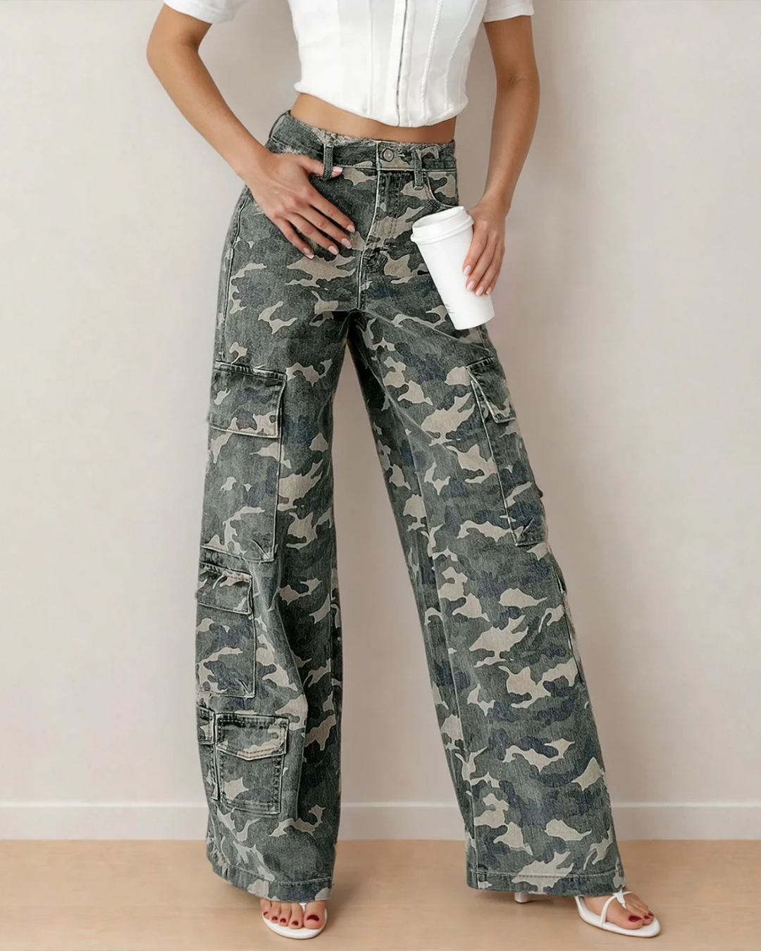 Peyton Camo Multi Pocket Cargo Wide Leg Jeans Indie & Co.