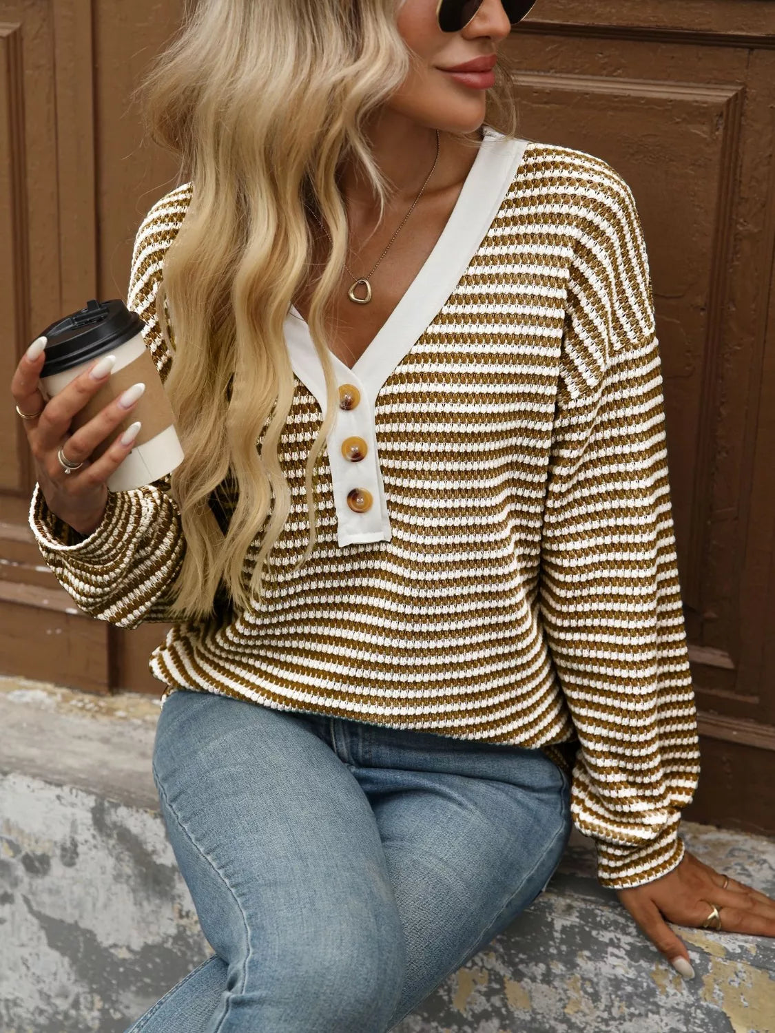Striped Button Detail Long Sleeve T-Shirt