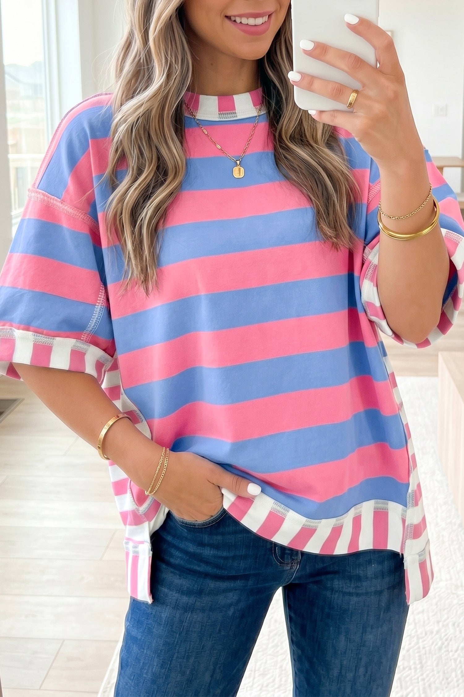 Yellow Stripe Exposed Seam Contrast Patchwork Oversized Top Unique Oils