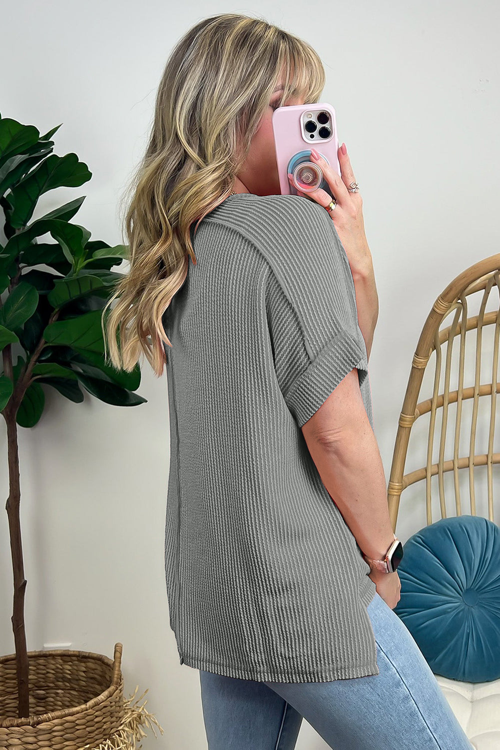White Crinkle Rib Textured Knit Round Neck T Shirt