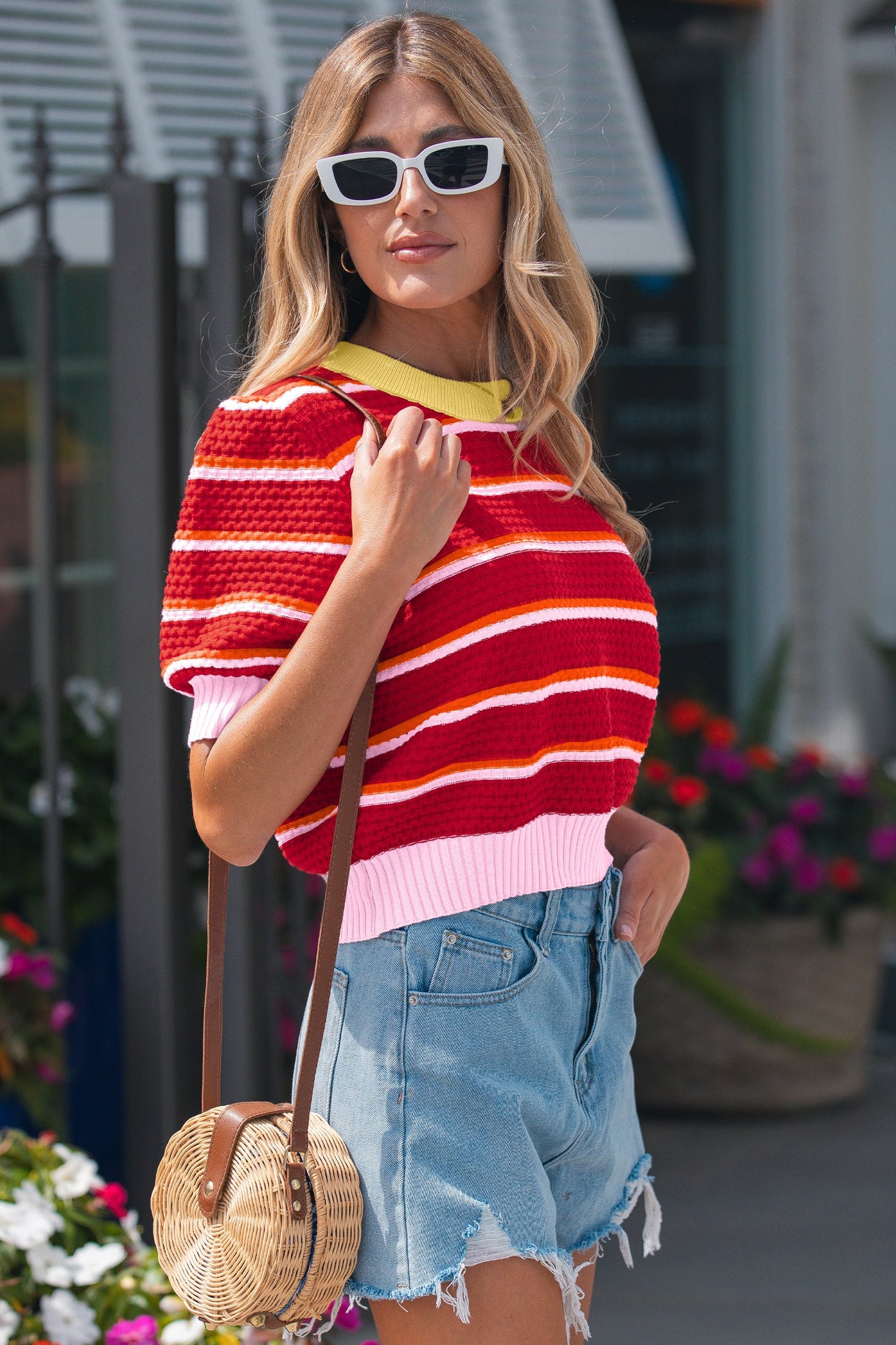 Red Stripe Colorblock Trim Half Sleeve Sweater Top