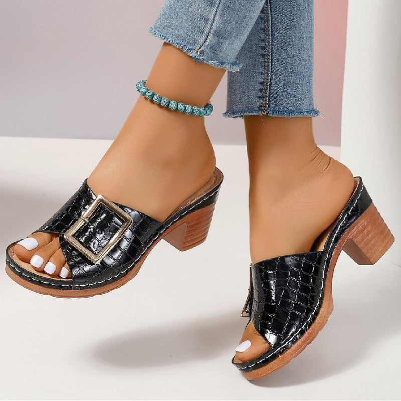 Women's Crocodile-Texture Peep-Toe Chunky Heel Sandals