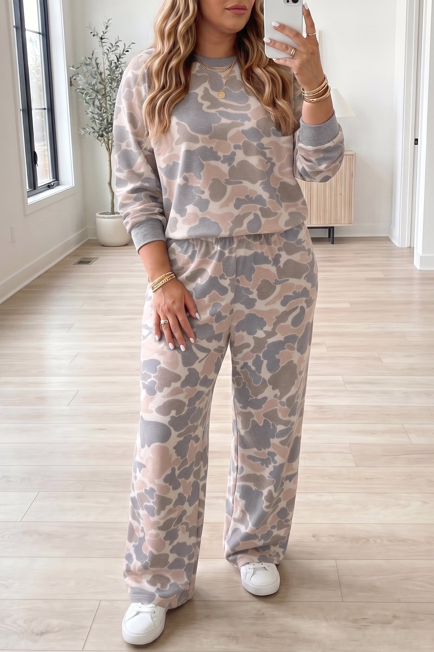 Multicolour Camouflage Long Sleeve Round Neck Two-Piece Plus Size Set