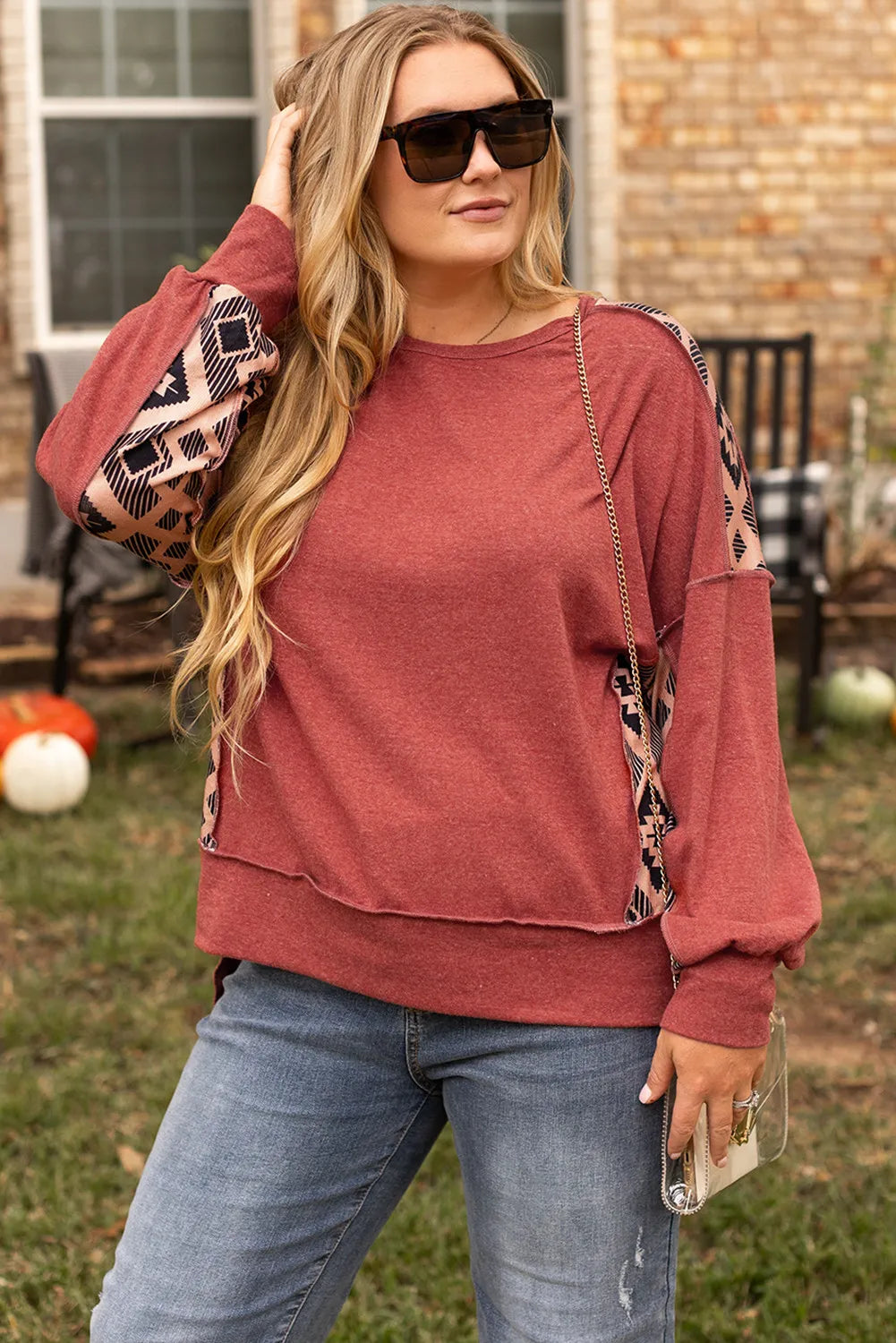 Plus Size Geometric Round Neck Long Sleeve Sweatshirt Creative Chaos Boutique