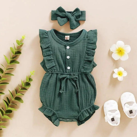 2Pc Summer Newborn Baby Girls Romper Headband Ruffles Sleeveless Clothes - Ruffle Romper Baby girl clothes Stevvex