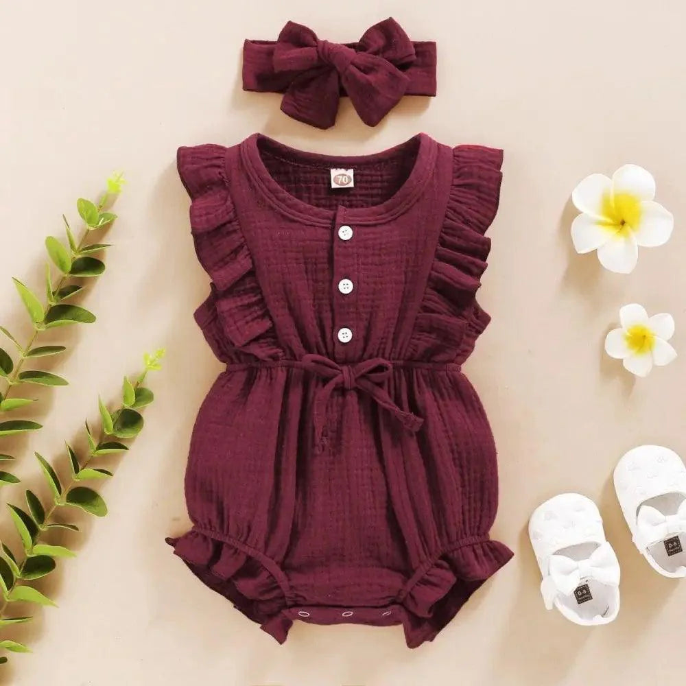2Pc Summer Newborn Baby Girls Romper Headband Ruffles Sleeveless Clothes - Ruffle Romper Baby girl clothes Stevvex