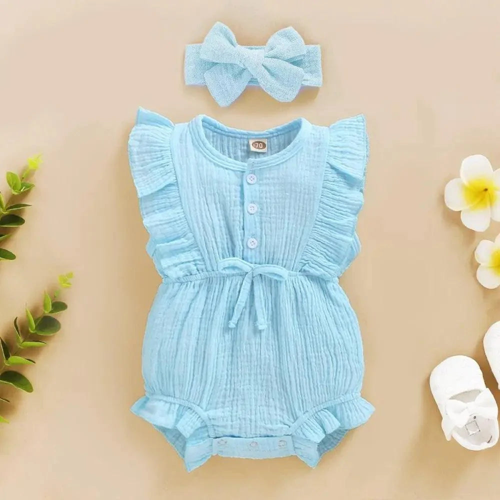 2Pc Summer Newborn Baby Girls Romper Headband Ruffles Sleeveless Clothes - Ruffle Romper Baby girl clothes Stevvex