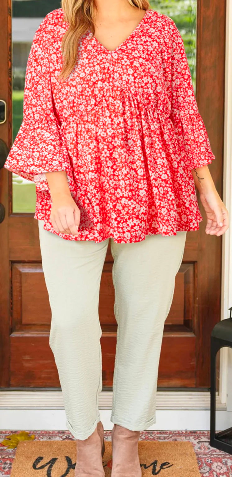 Plus Size Floral Flared Bracelet Sleeved Blouse