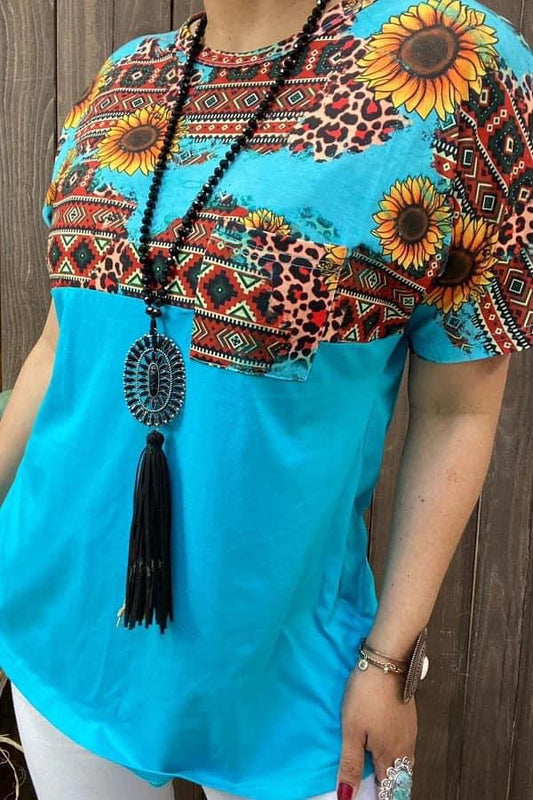 Teal Cheetah Sunflower Aztec Top