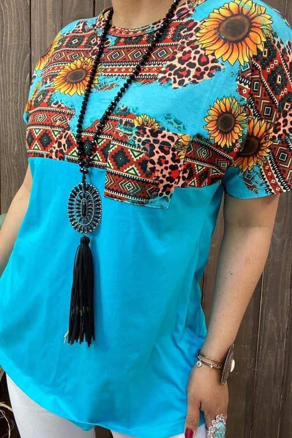 Teal Cheetah Sunflower Aztec Top