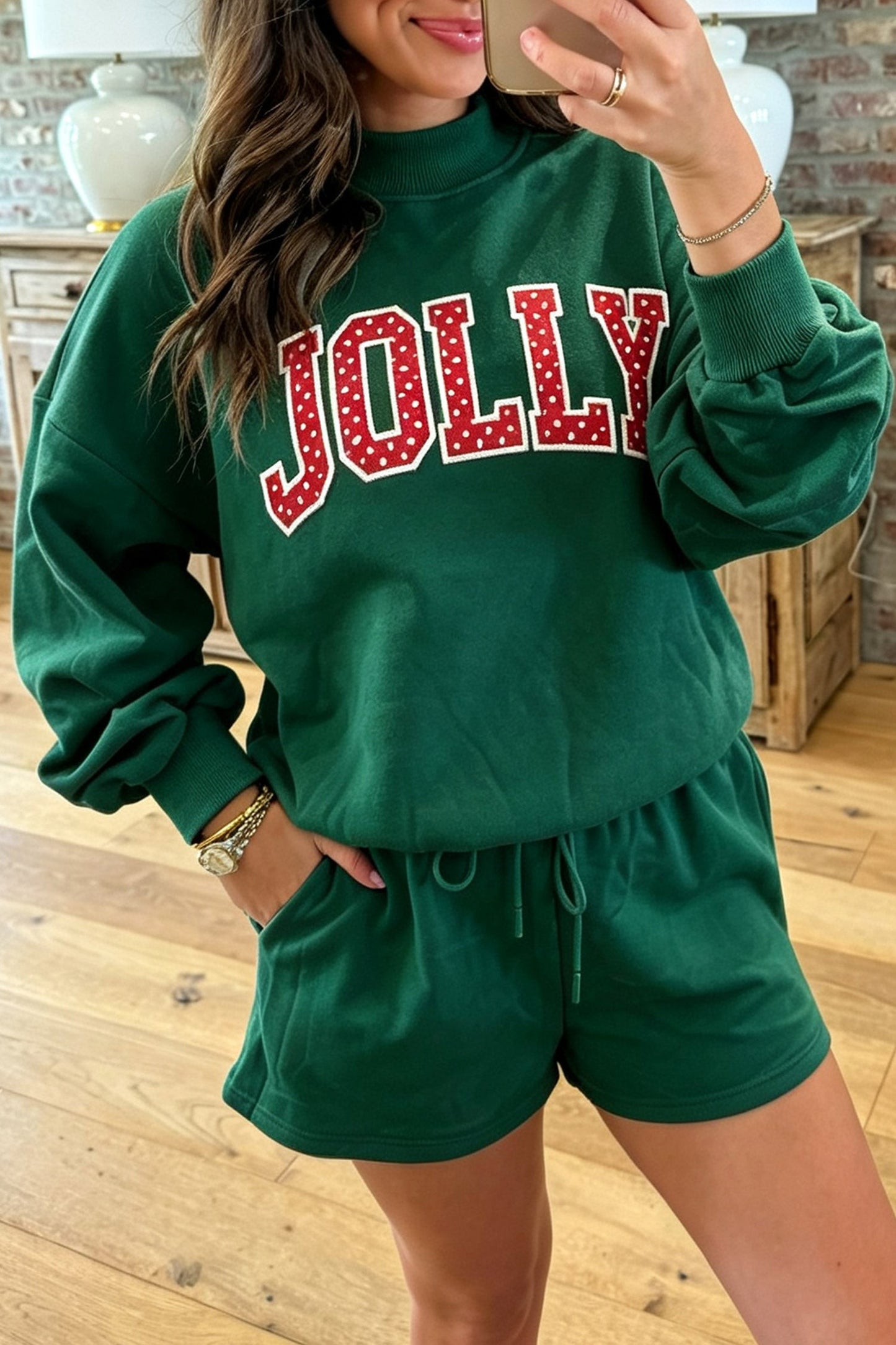 Coffee Christmas Slogan Print Mock Neck Pullover and Shorts Set