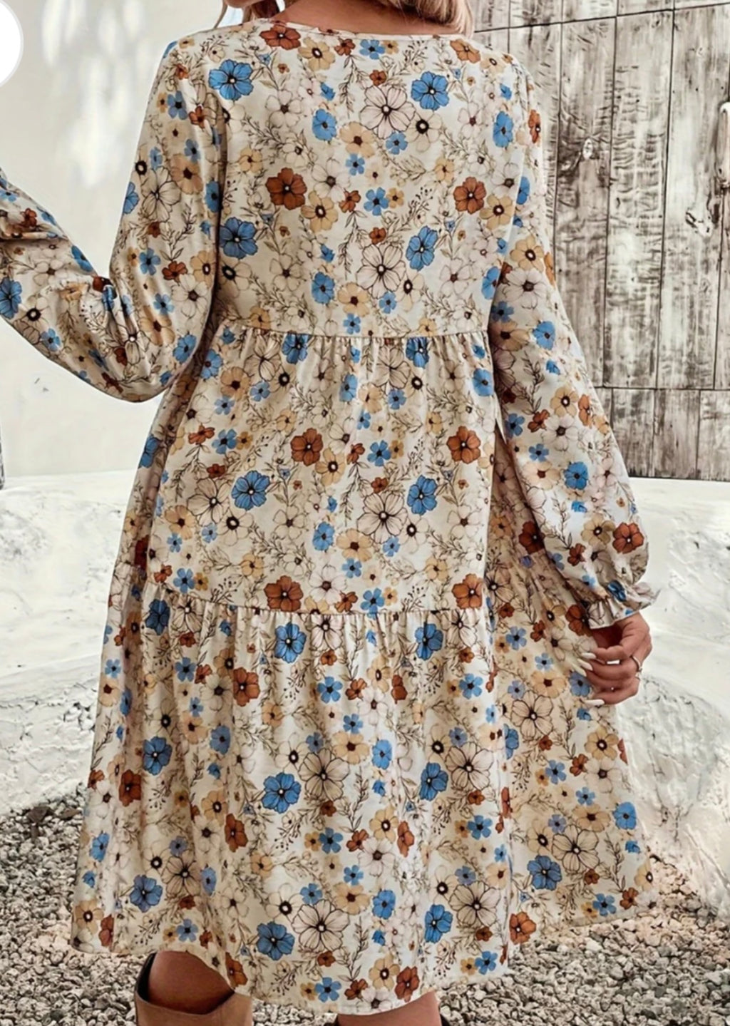 Khaki Ruffled Printed Round Neck Long Sleeve Dress
