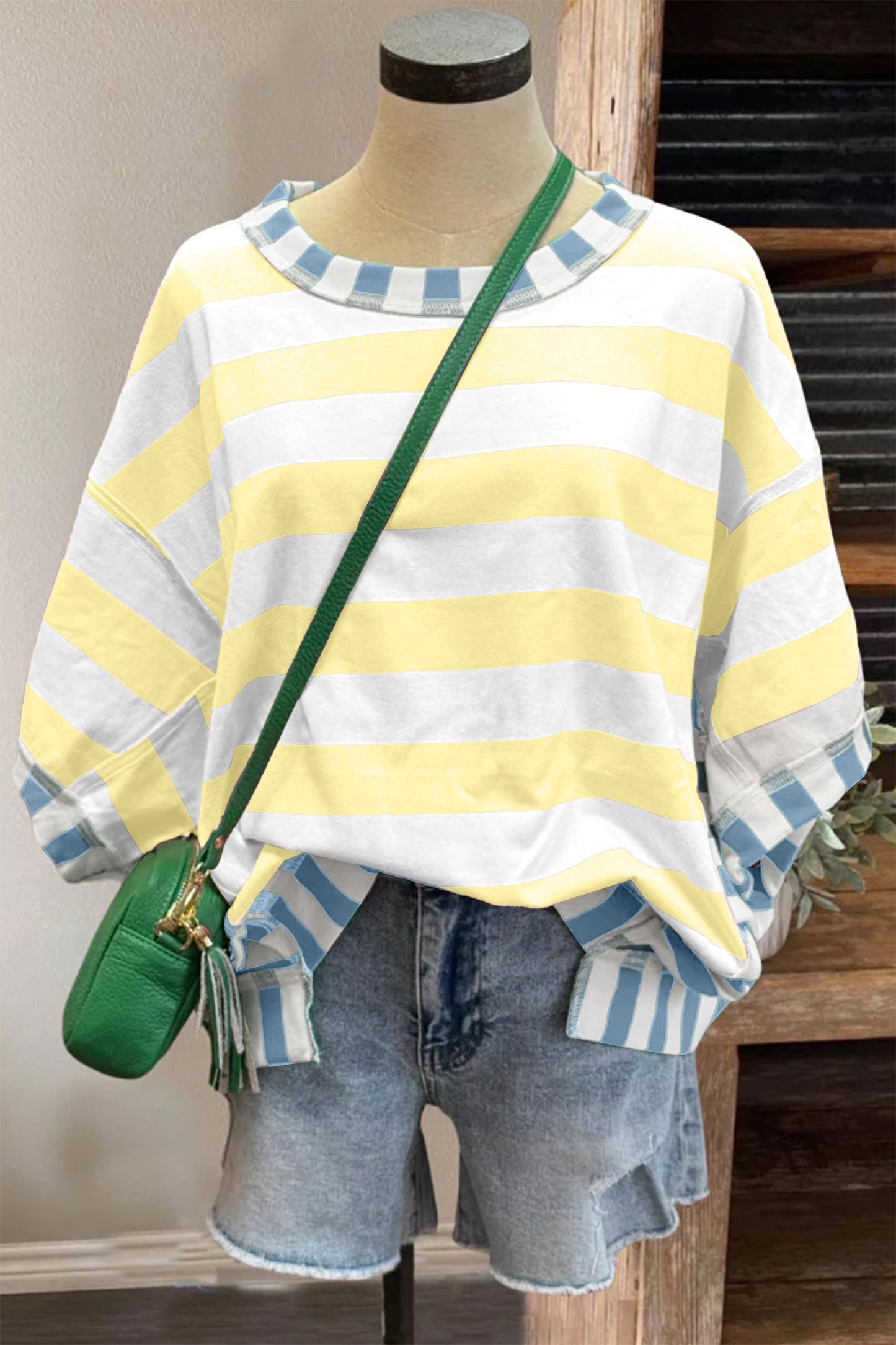Yellow Stripe Exposed Seam Contrast Patchwork Oversized Top Unique Oils