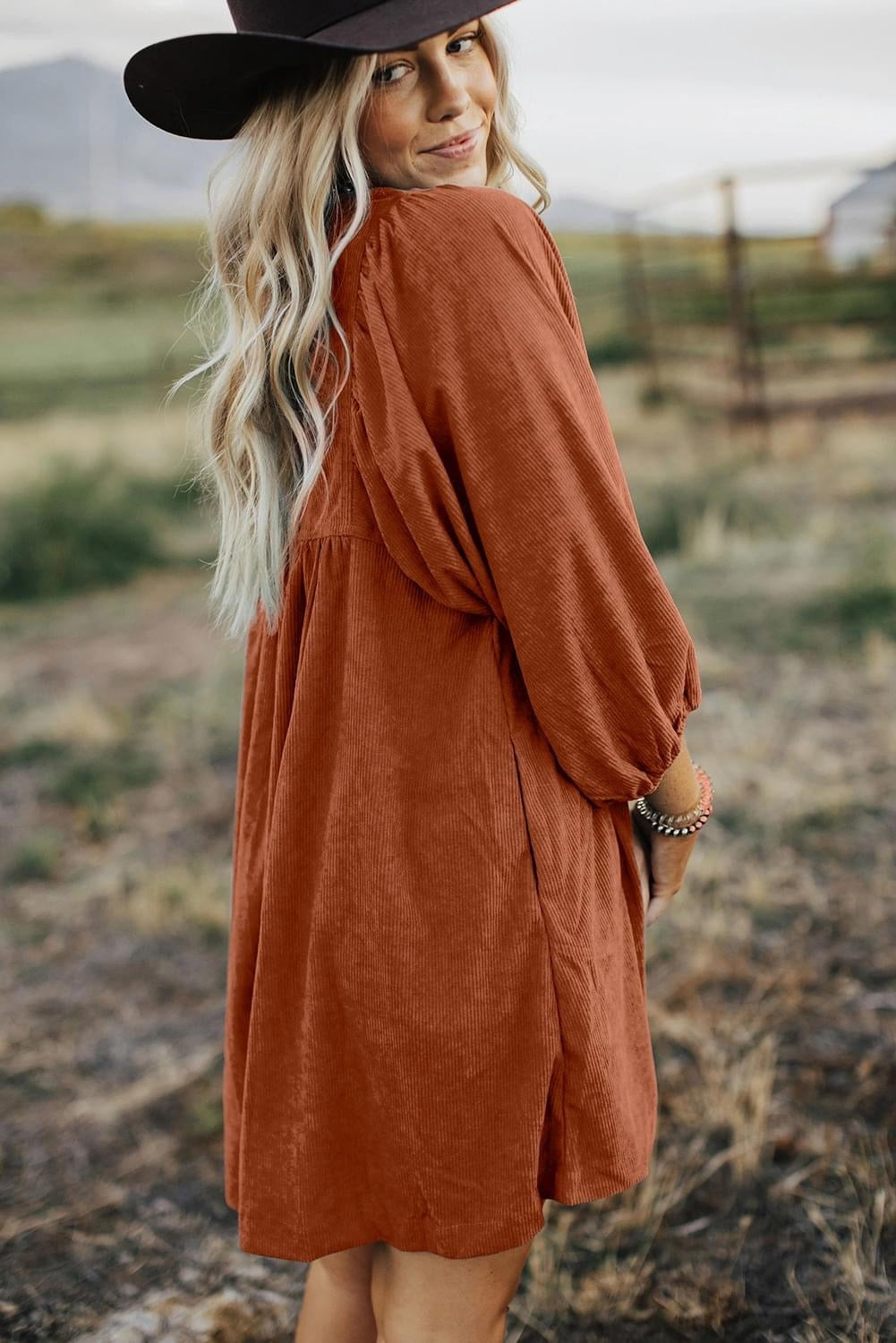 Complete Satisfaction Corduroy Snap Buttons Bracelet Sleeve Dress