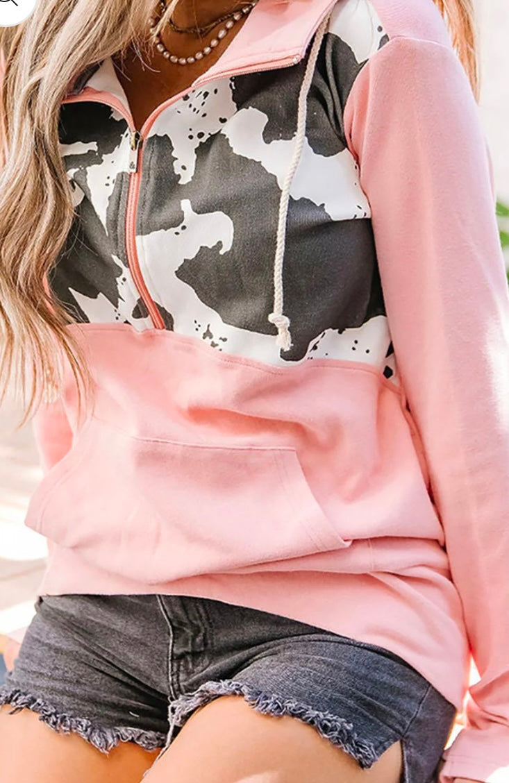 Cow Print Half Zip Drawstring Hoodie
