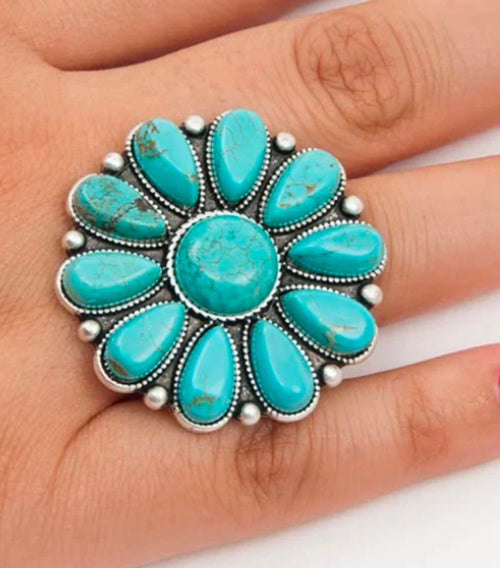 Artificial Turquoise Alloy Flower Ring