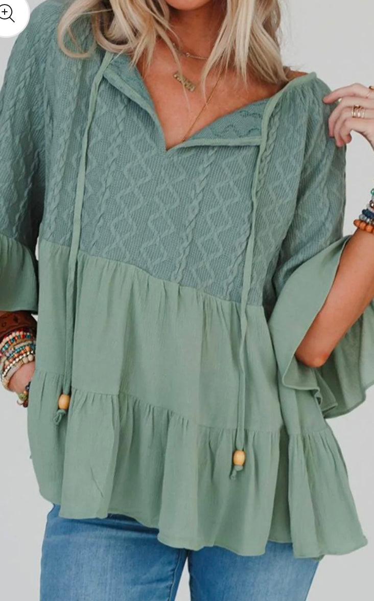 Ruffled Tie Neck Three-Quarter Sleeve Blouse