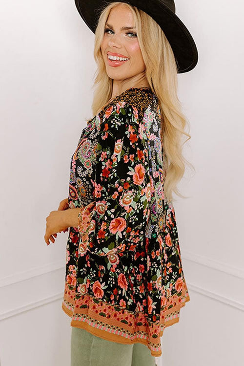 Black Plus Size Paisley v neck bubble sleeve Blouse