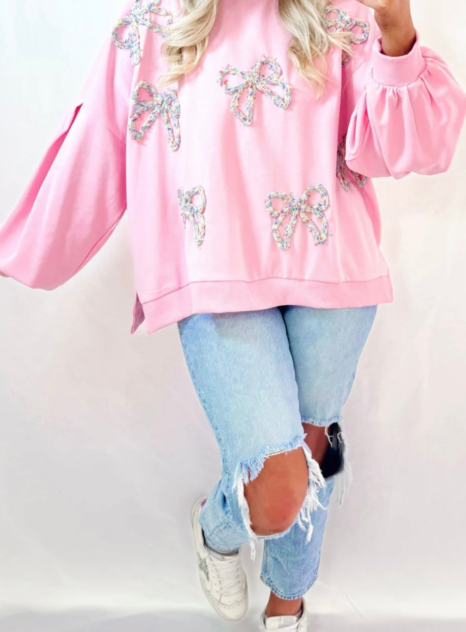 Bow Decor Loose Sleeve Sweatshirt - Ships 9/30