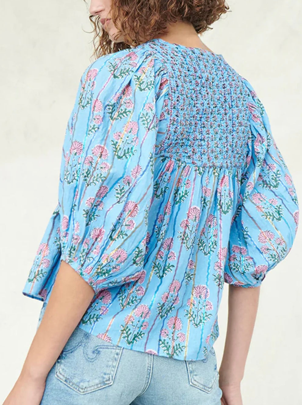 Floral Striped Tie Shirred Splie Neck Blouse