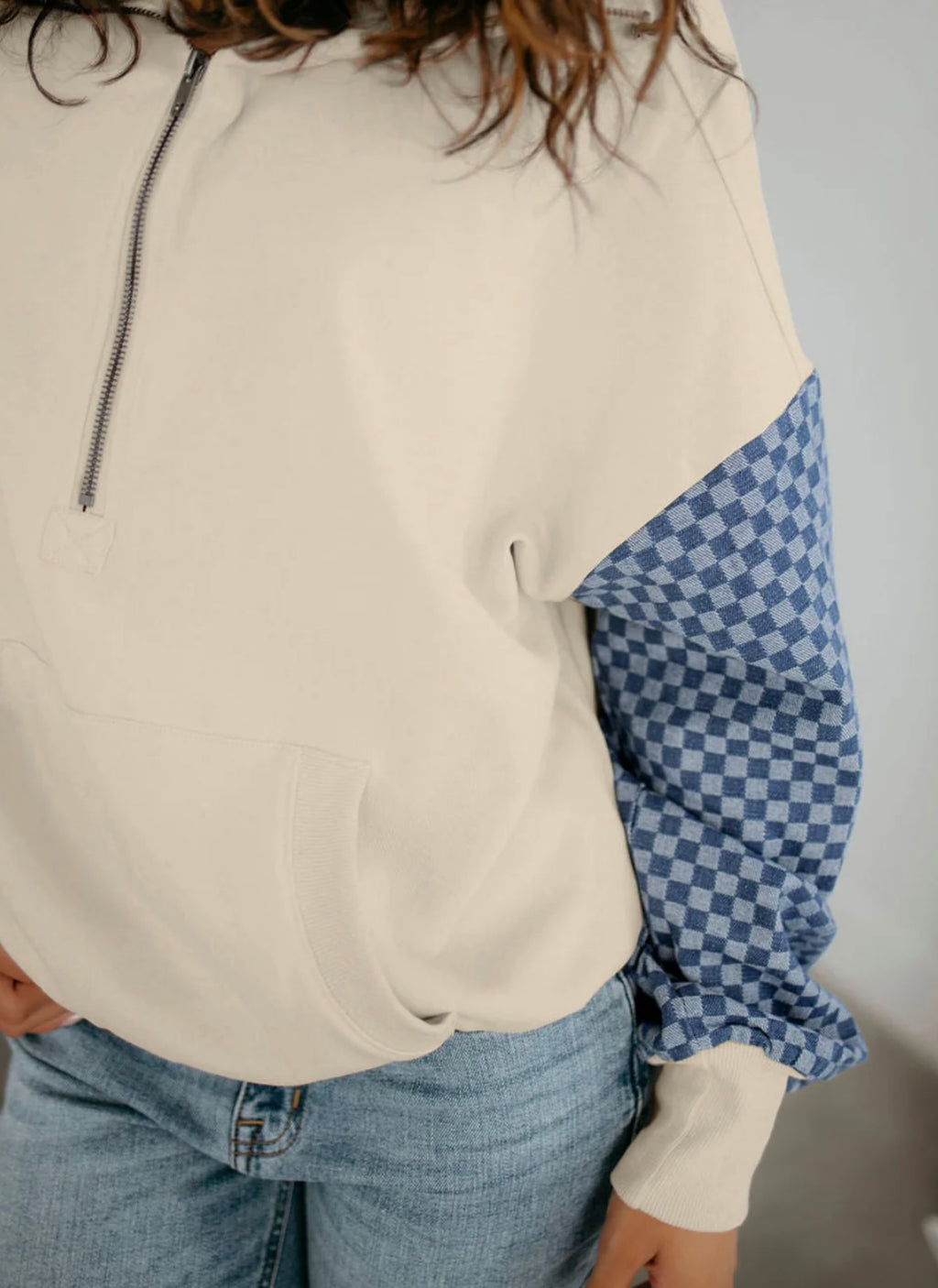 Checkered Patchwork Kangaroo Pocket Half Zipper Hoodie