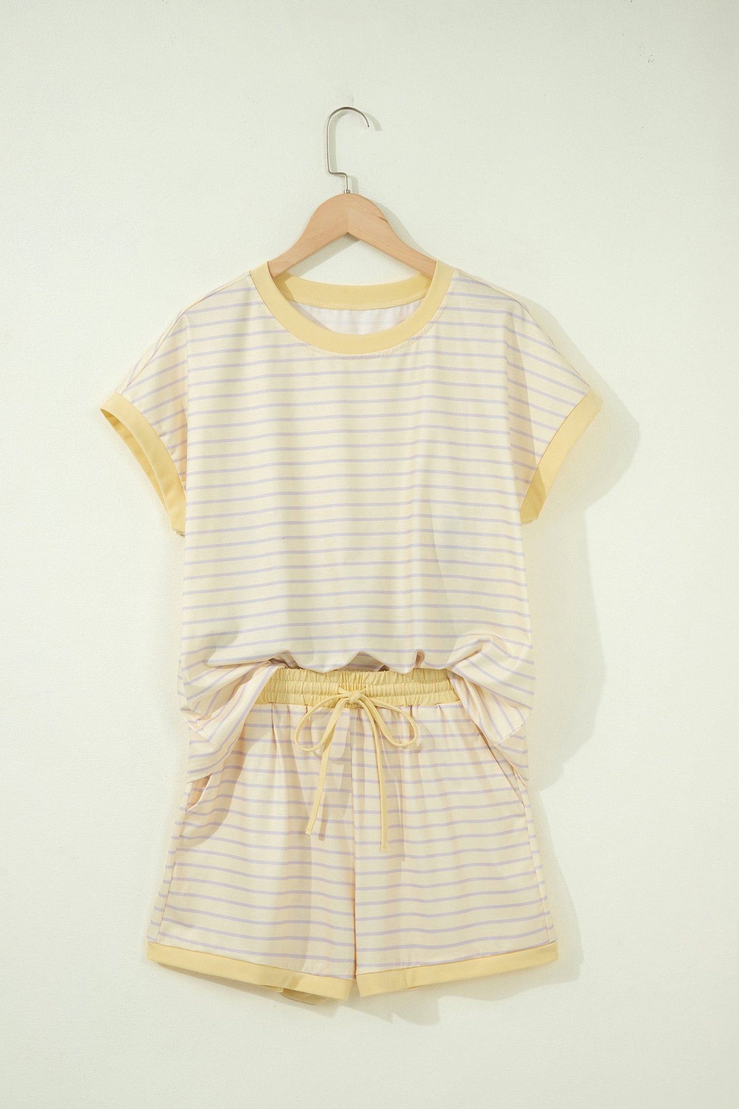 Yellow Stripe Relaxed Tee Drawstring Shorts 2pcs Outfit Unique Oils