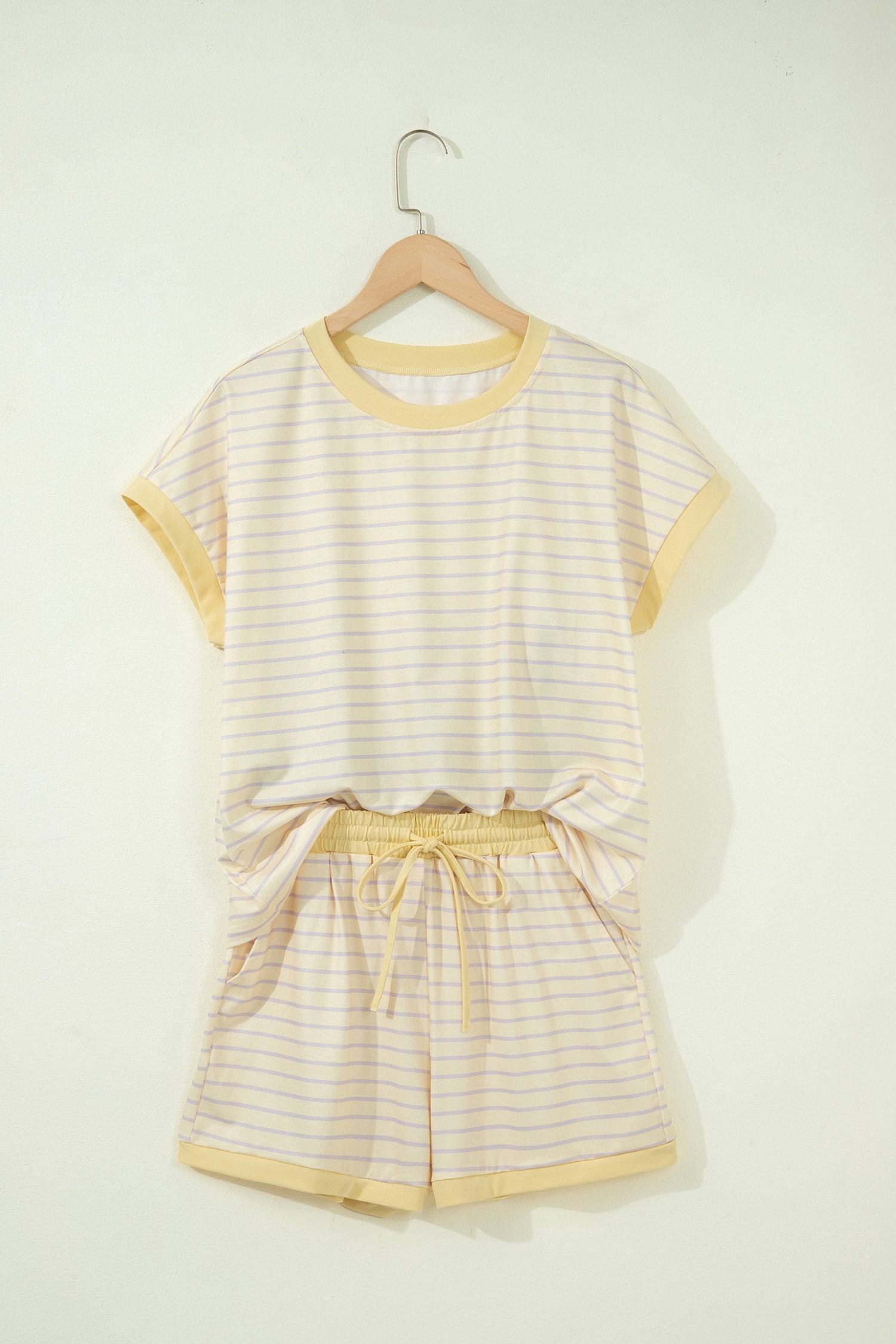 Yellow Stripe Relaxed Tee Drawstring Shorts 2pcs Outfit Unique Oils
