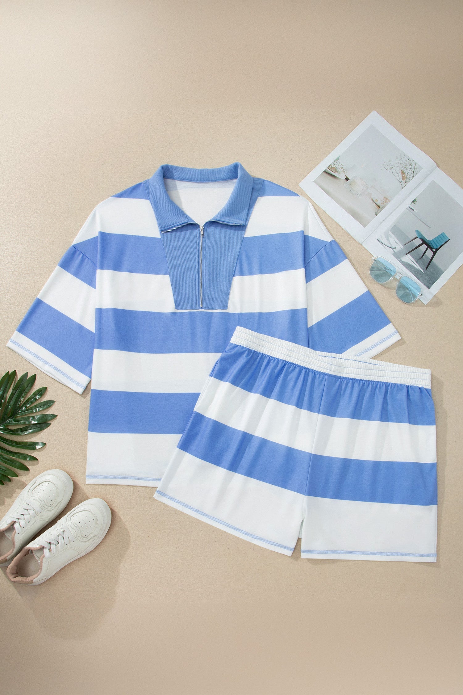 Sky Blue Stripe Drop Shoulder Zipped Collar T Shirt Plus Size Shorts Set Unique Oils