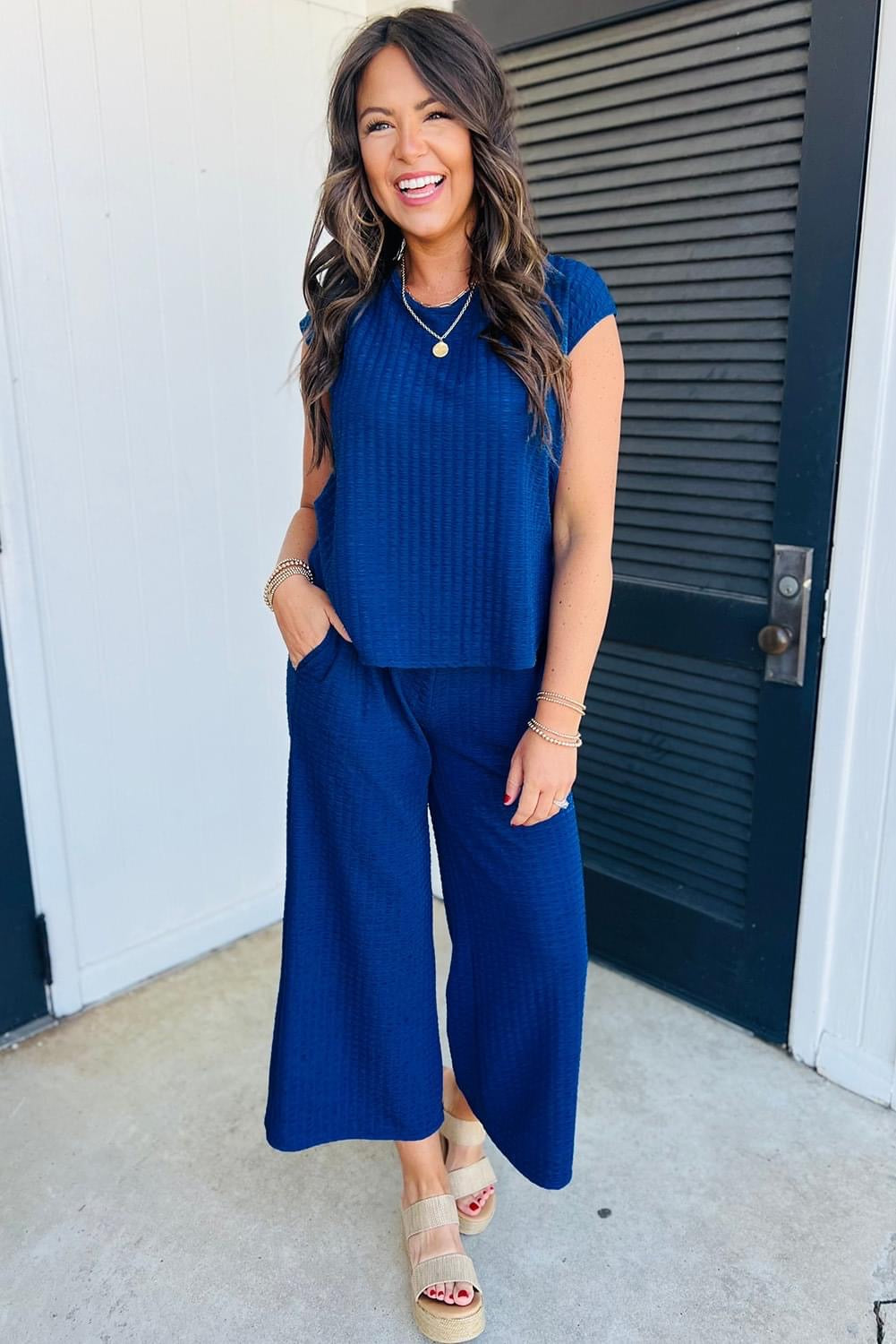 Sky blue textured Knit T Shirt and Wide Leg Pants Set
