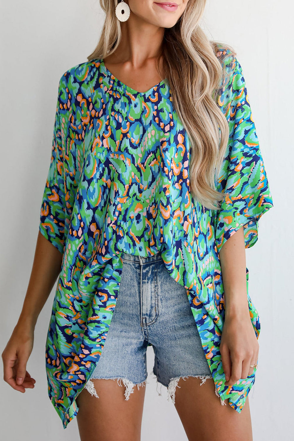 Pink Abstract Print V Neck Half Sleeve Loose Fit Tunic Blouse Wild and Free Boutique