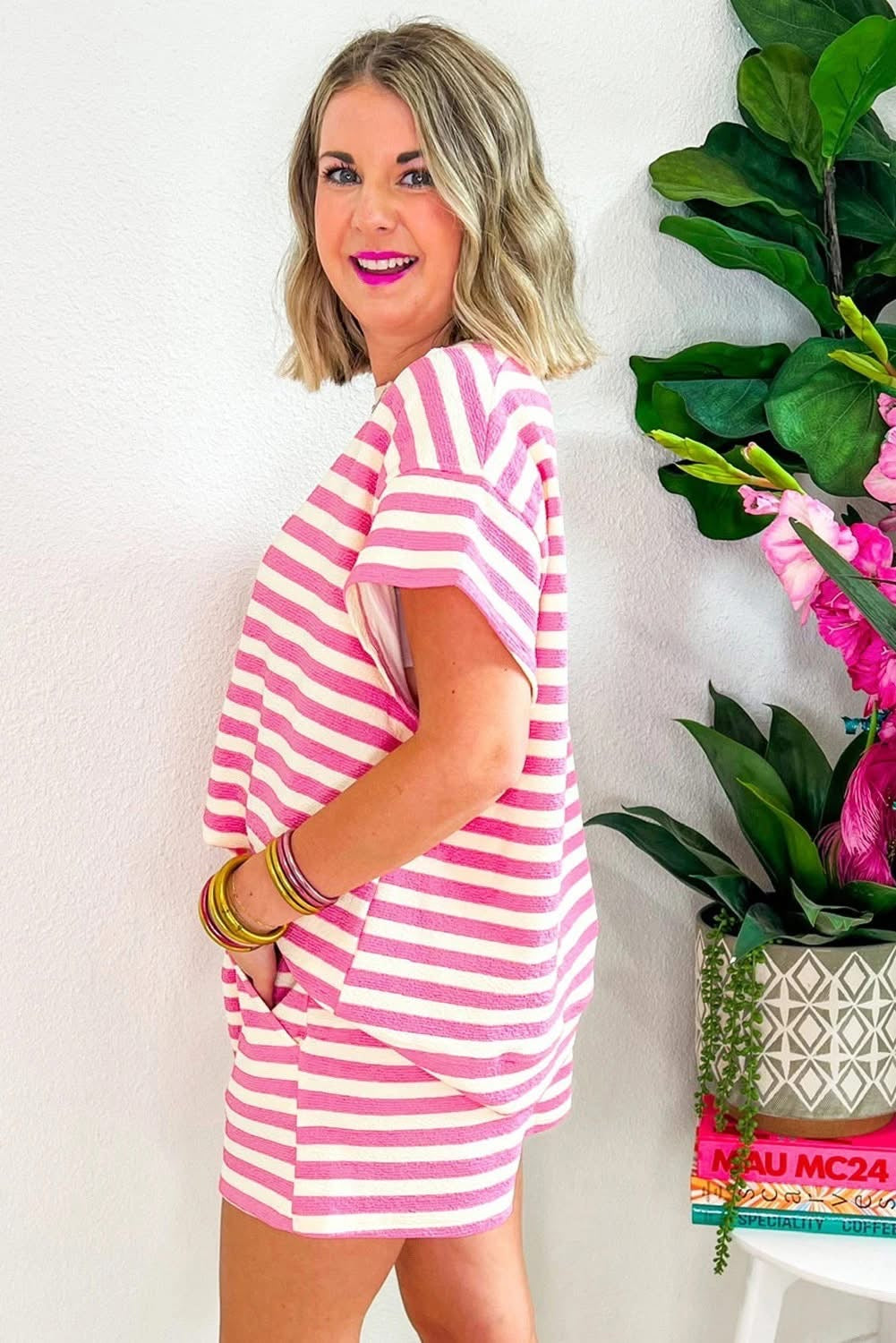 Pink Stripe Drawstring Shorts Set