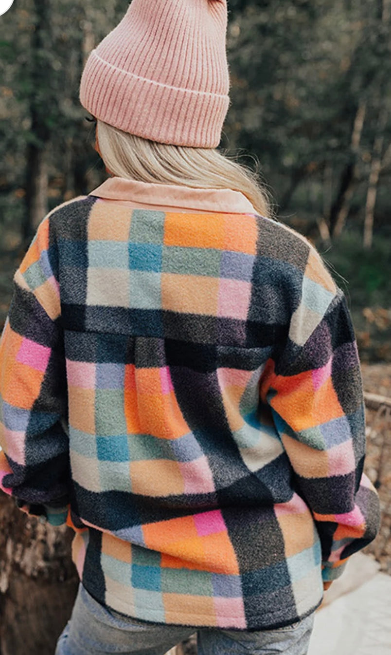 Plaid Pocketed Button Collar Sweatshirt
