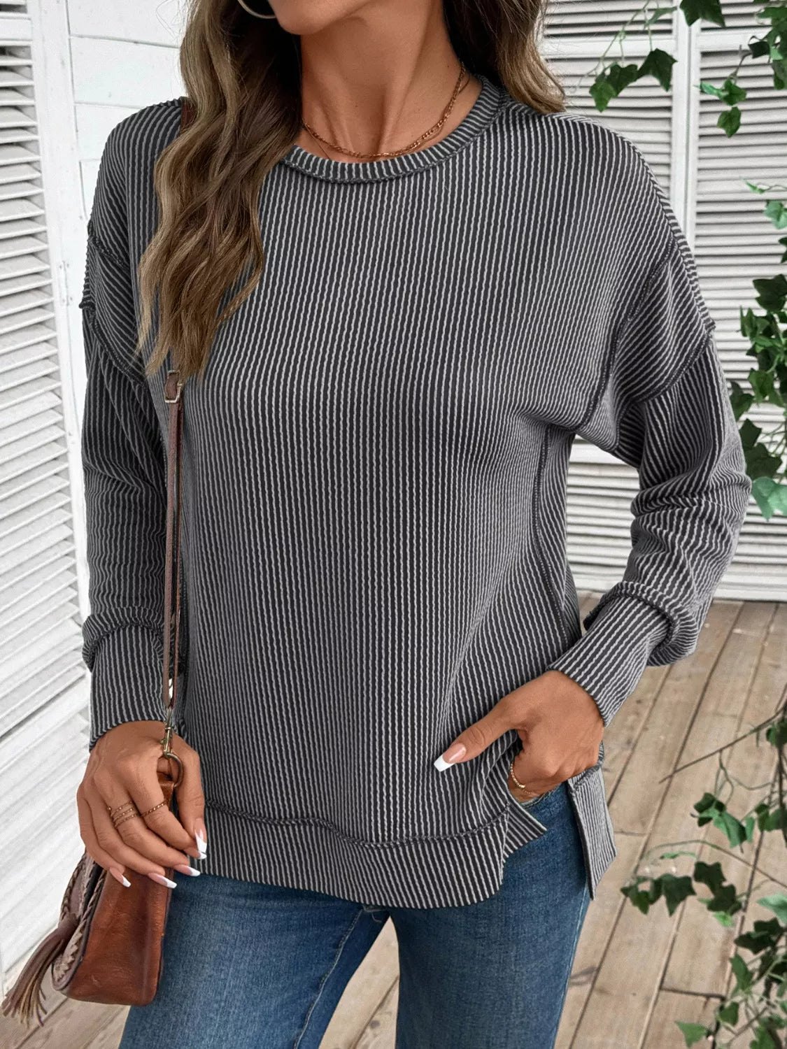 Side Slit Round Neck Sweatshirt