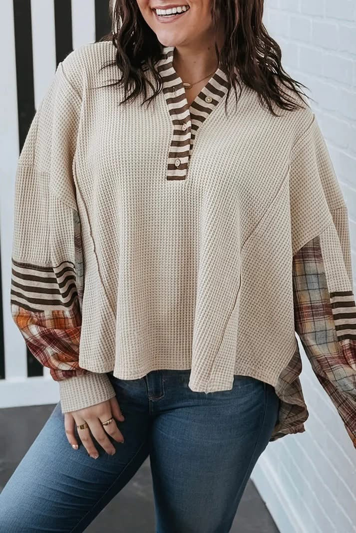 Colorblock Striped Plaid Patchwork Half Button Pullover Plus Size