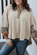 Colorblock Striped Plaid Patchwork Half Button Pullover Plus Size