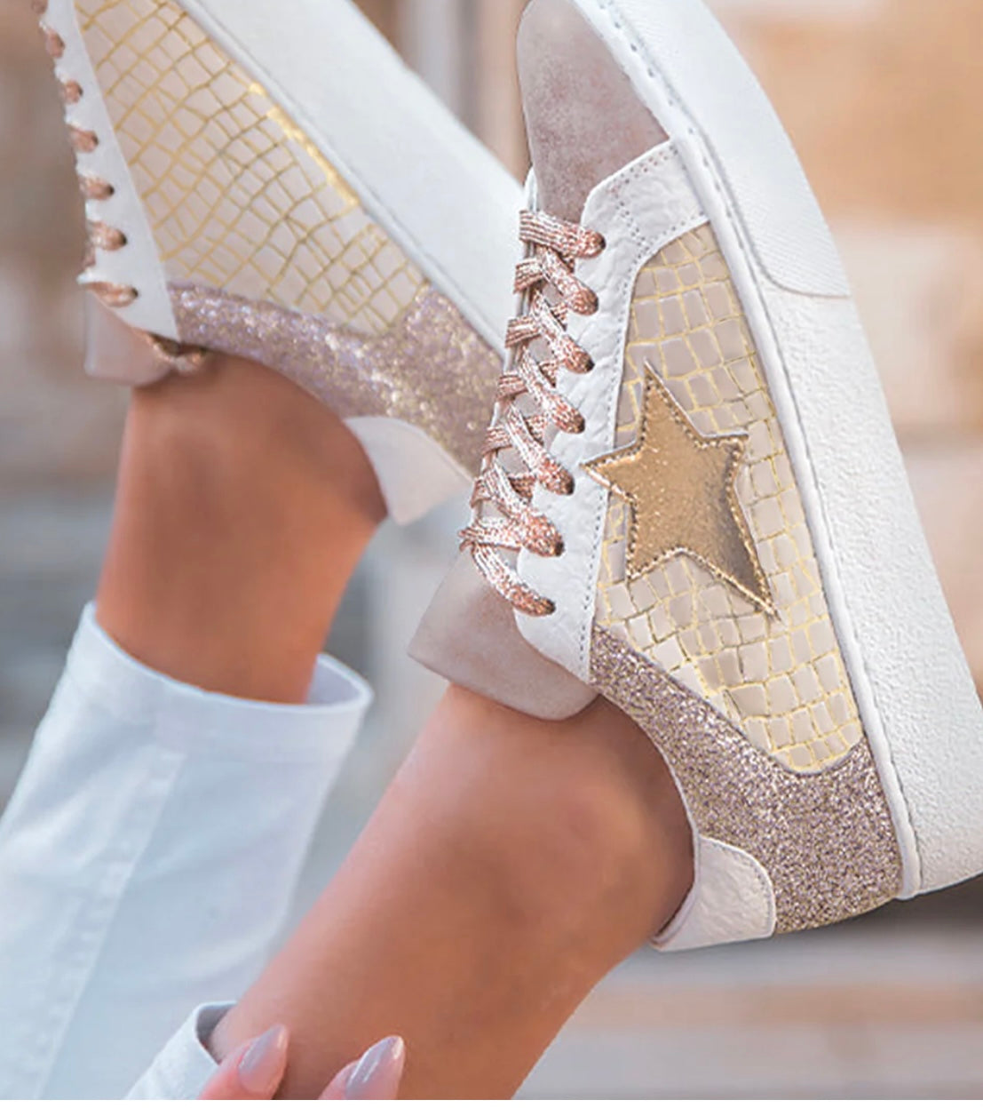 Gold Glitter Star Patchwork PU Leather Lace-up Sneakers