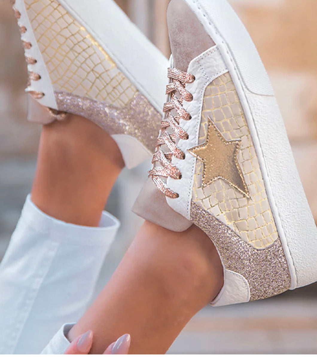 Gold Glitter Star Patchwork PU Leather Lace-up Sneakers