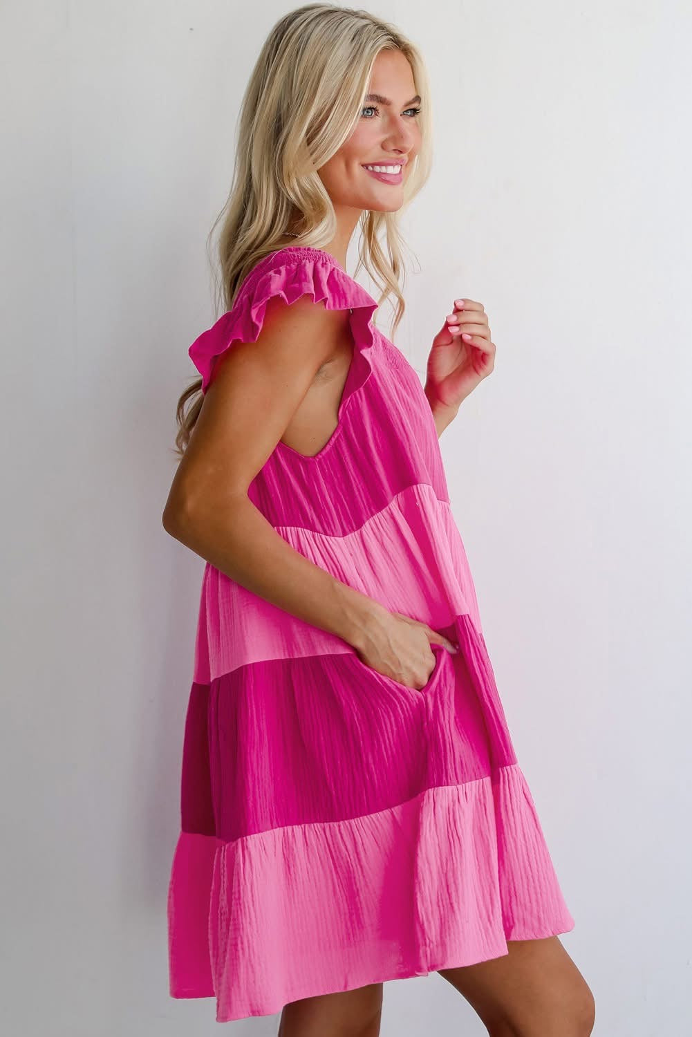 Pink Crinkled Colorblock Flutter Tiered Mini Dress