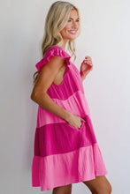 Load image into Gallery viewer, Pink Crinkled Colorblock Flutter Tiered Mini Dress
