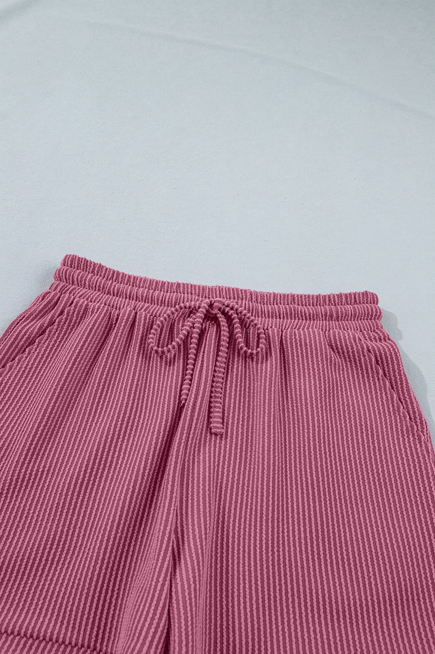 Pitaya Pink Twisted Ribbed Loose Tee Drawstring Elastic Waist 2pcs Short Set