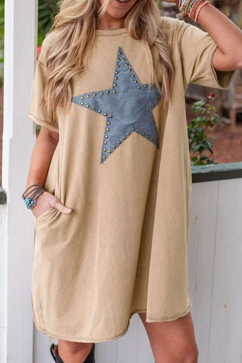STAR OF THE SHOW PALE KHAKI T-SHIRT DRESS **SHIPPING EXPECTED TO BEGIN ON DATE 4/8**